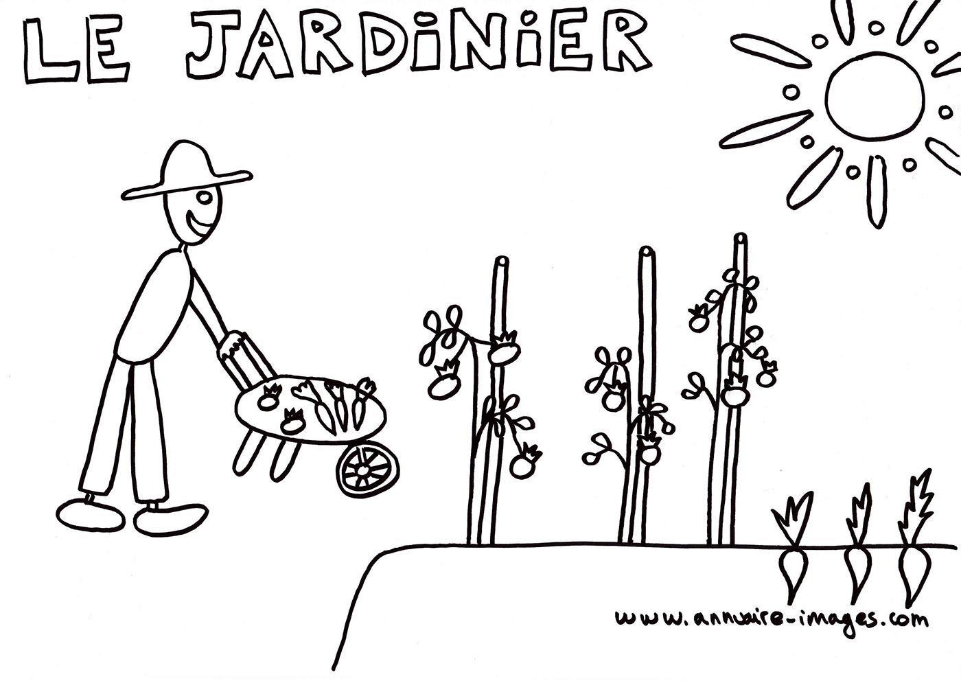 Jardinier dans son jardin poussant sa brouette